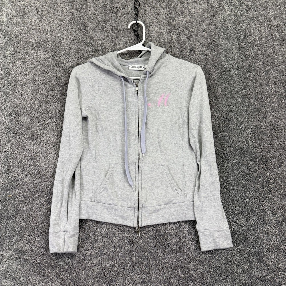 One Step Up Hoodie Womens Medium Gray Fleece Full Zip Embroidered M Casual